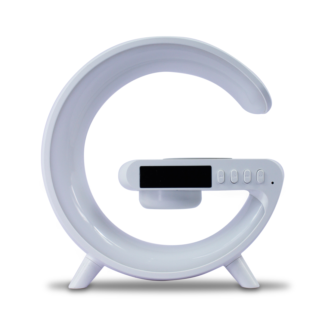 Bocina Forma De G Inteligente Con Pantalla Despertador Cargador De Celular Inalambrico G63 Luz Rgb