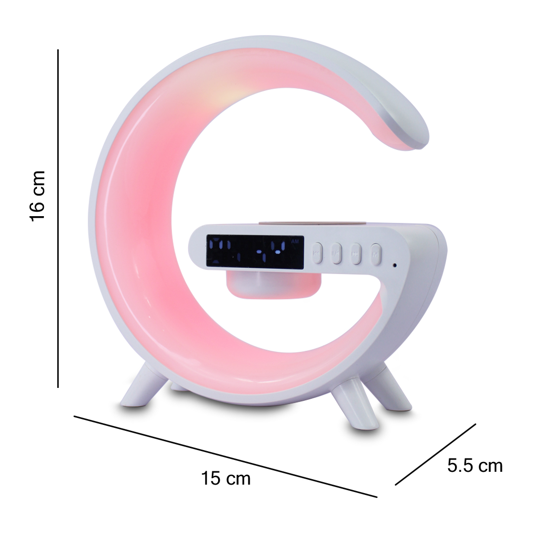Bocina Forma De G Inteligente Con Pantalla Despertador Cargador De Celular Inalambrico G63 Luz Rgb