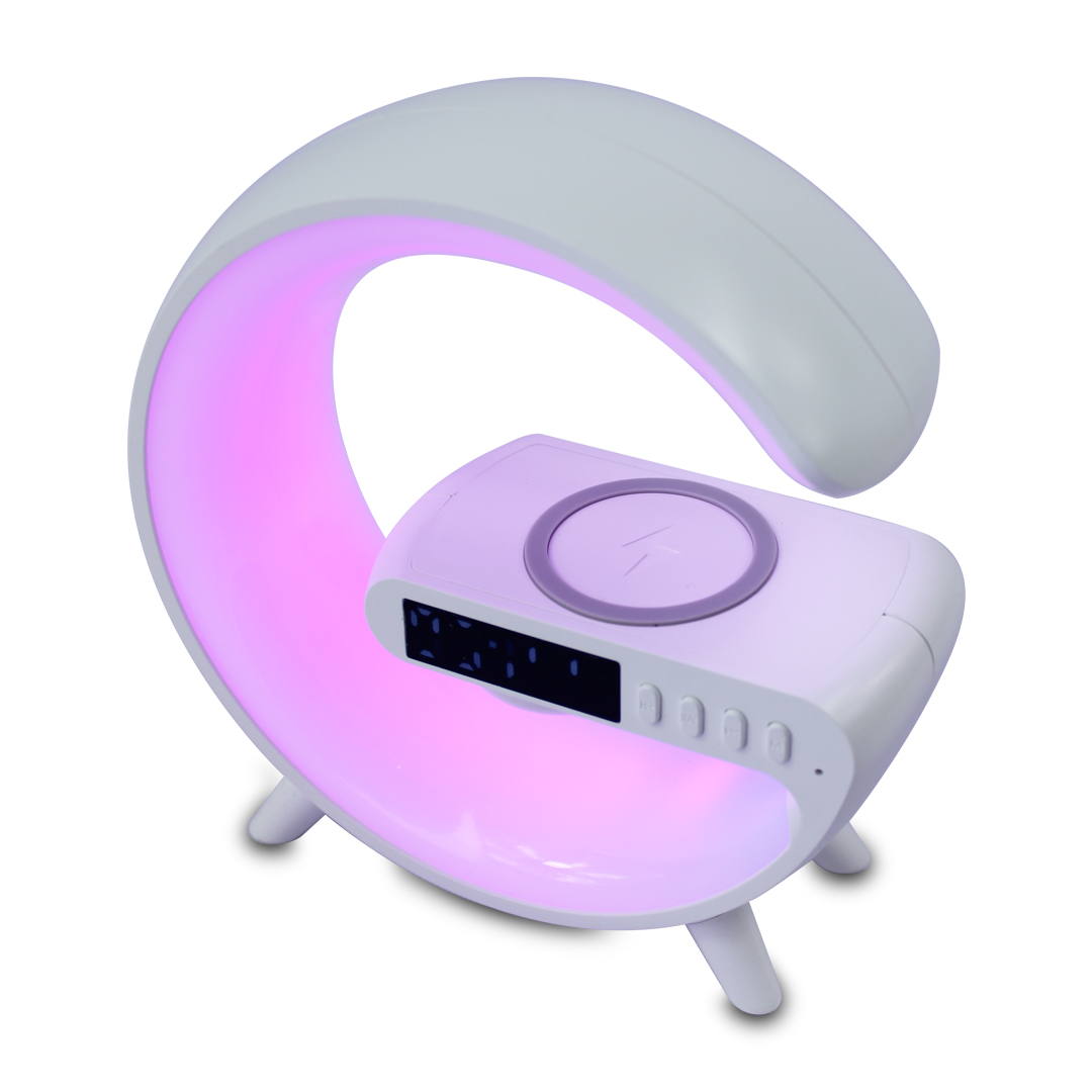 Bocina Forma De G Inteligente Con Pantalla Despertador Cargador De Celular Inalambrico G63 Luz Rgb