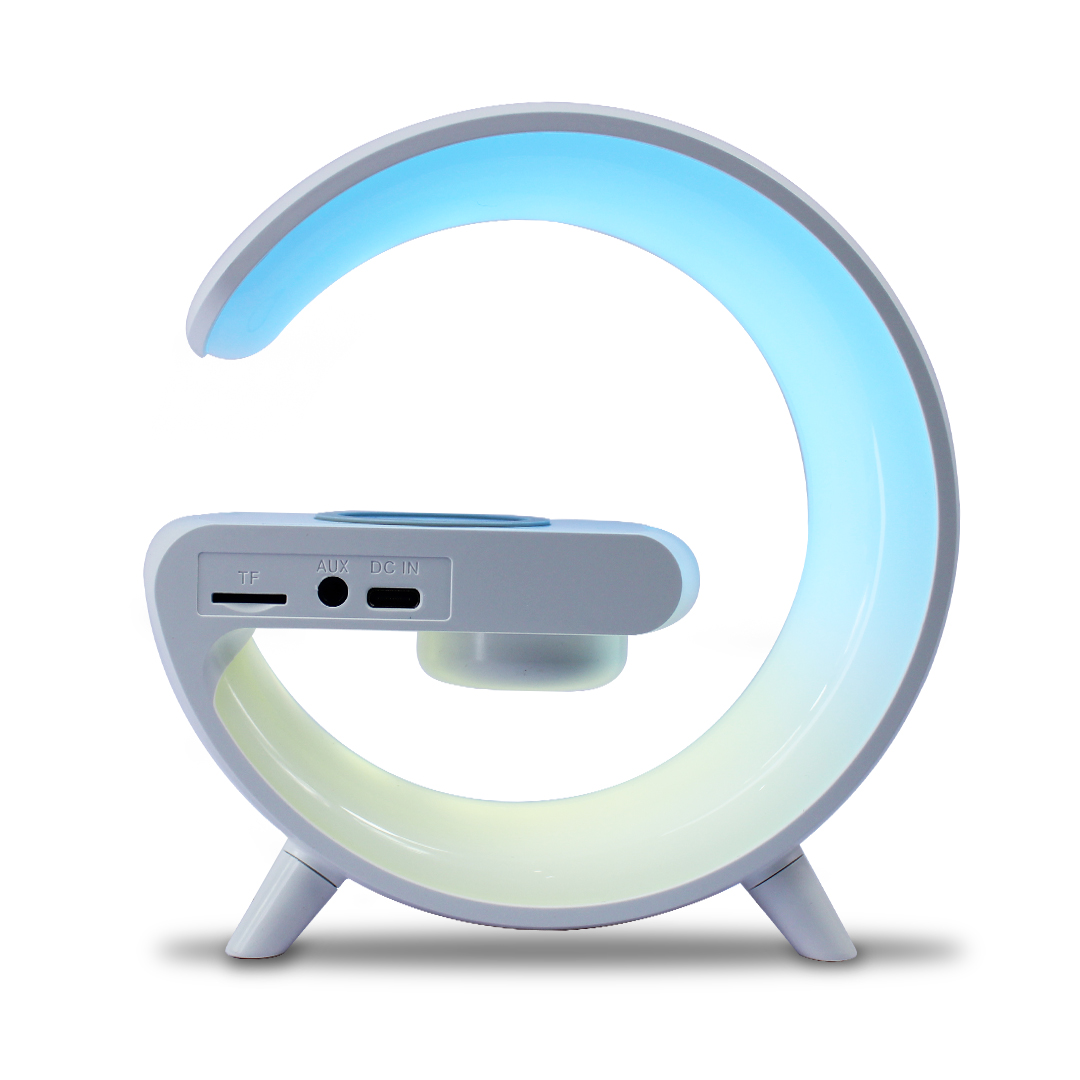 Bocina Forma De G Inteligente Con Pantalla Despertador Cargador De Celular Inalambrico G63 Luz Rgb
