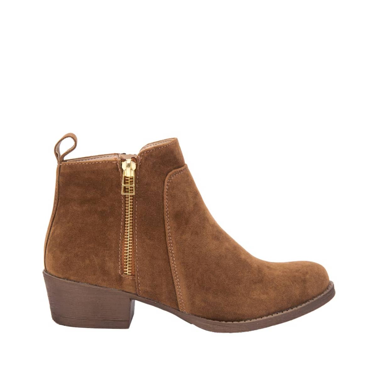 Bota texana de gamuza color camel con cierre metálico, mod. 1109651