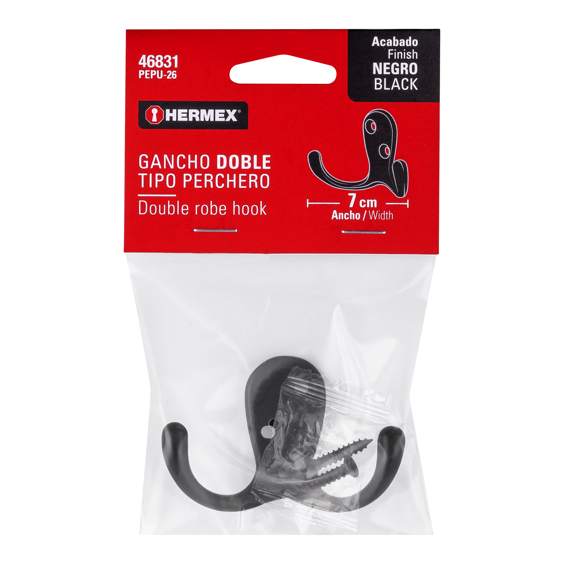 GANCHO DOBLE TIPO PERCHERO, NEGRO, HERMEX 46831