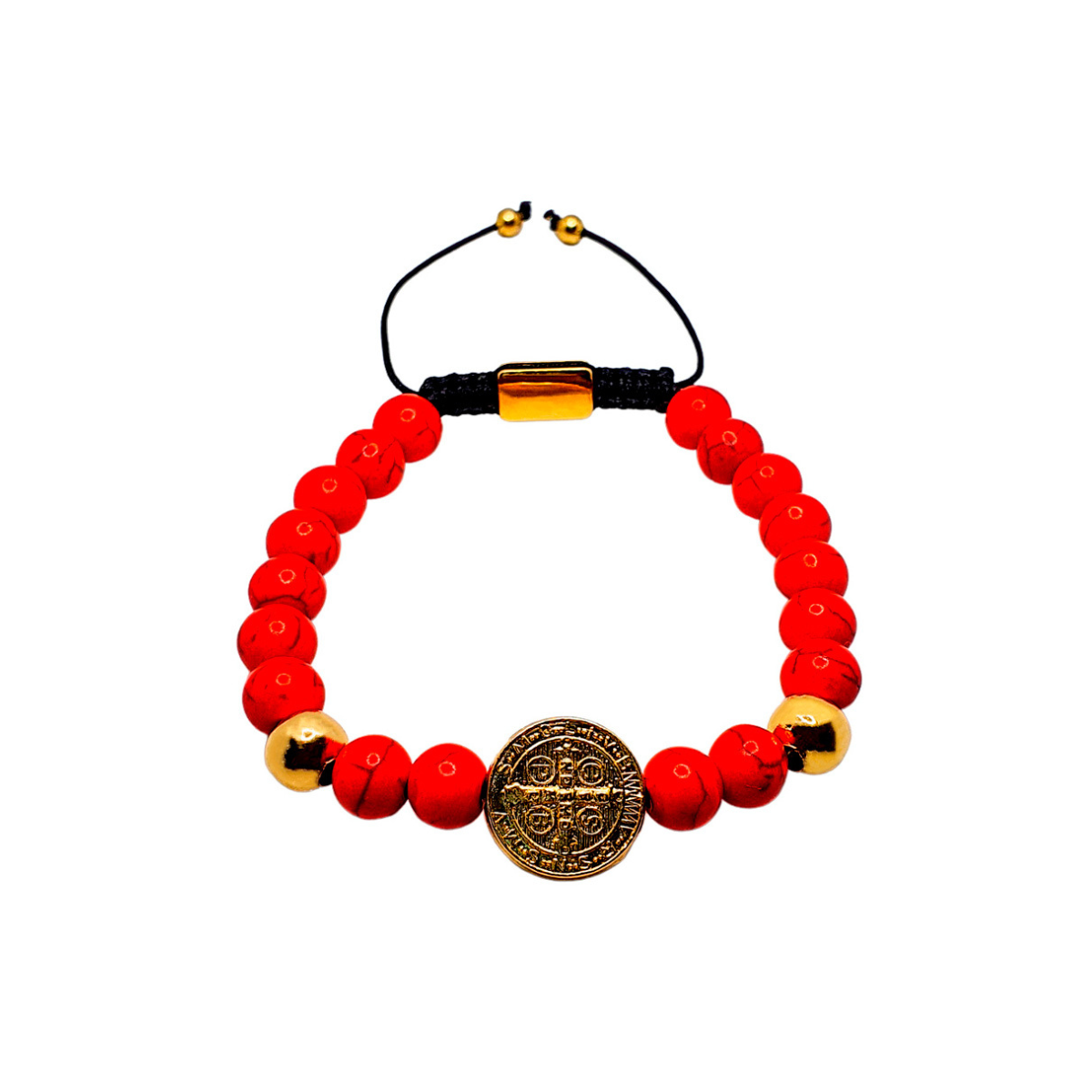 Pulsera De San Benito Hombre Con Piedra Roja Y Bolas Doradas