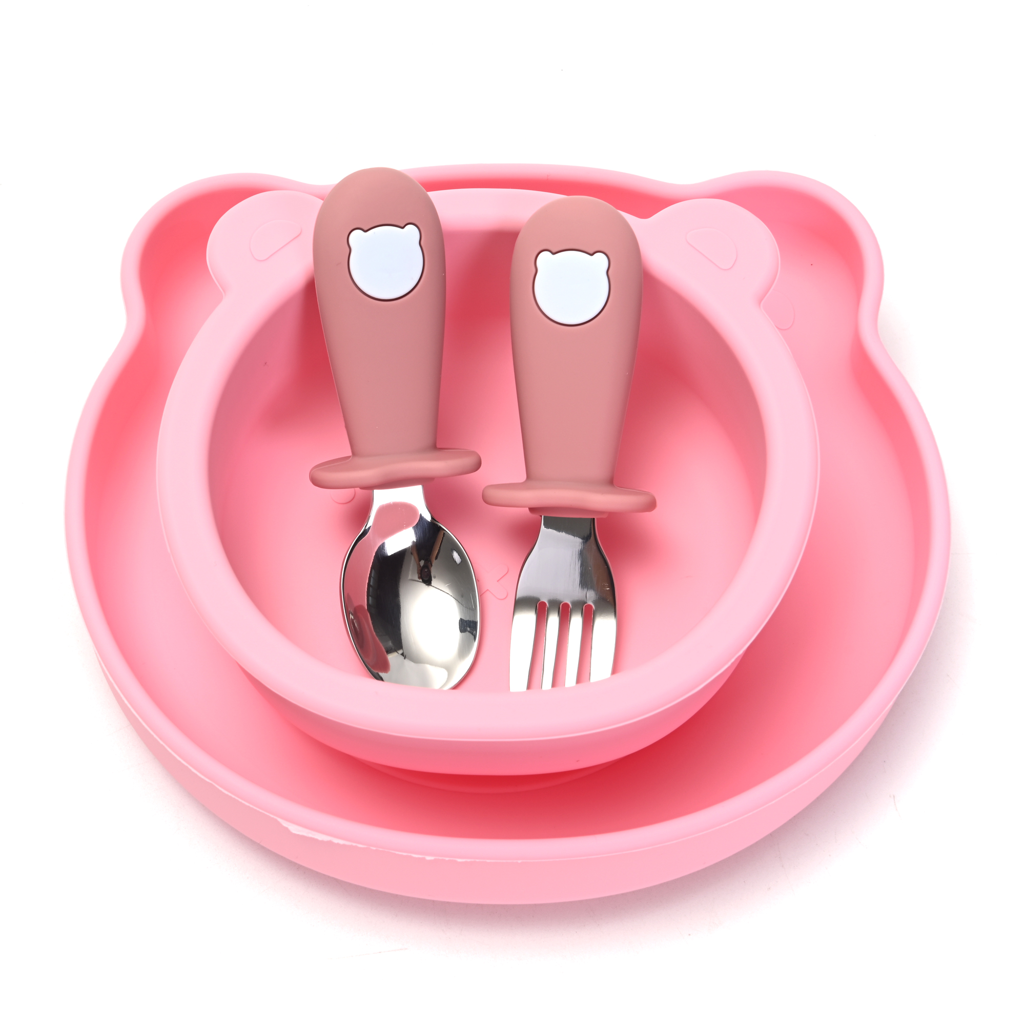 2 Platos para Bebé en Silicona con Cubiertos en Acero Inoxidable, Libre de BPA (Rosa)
