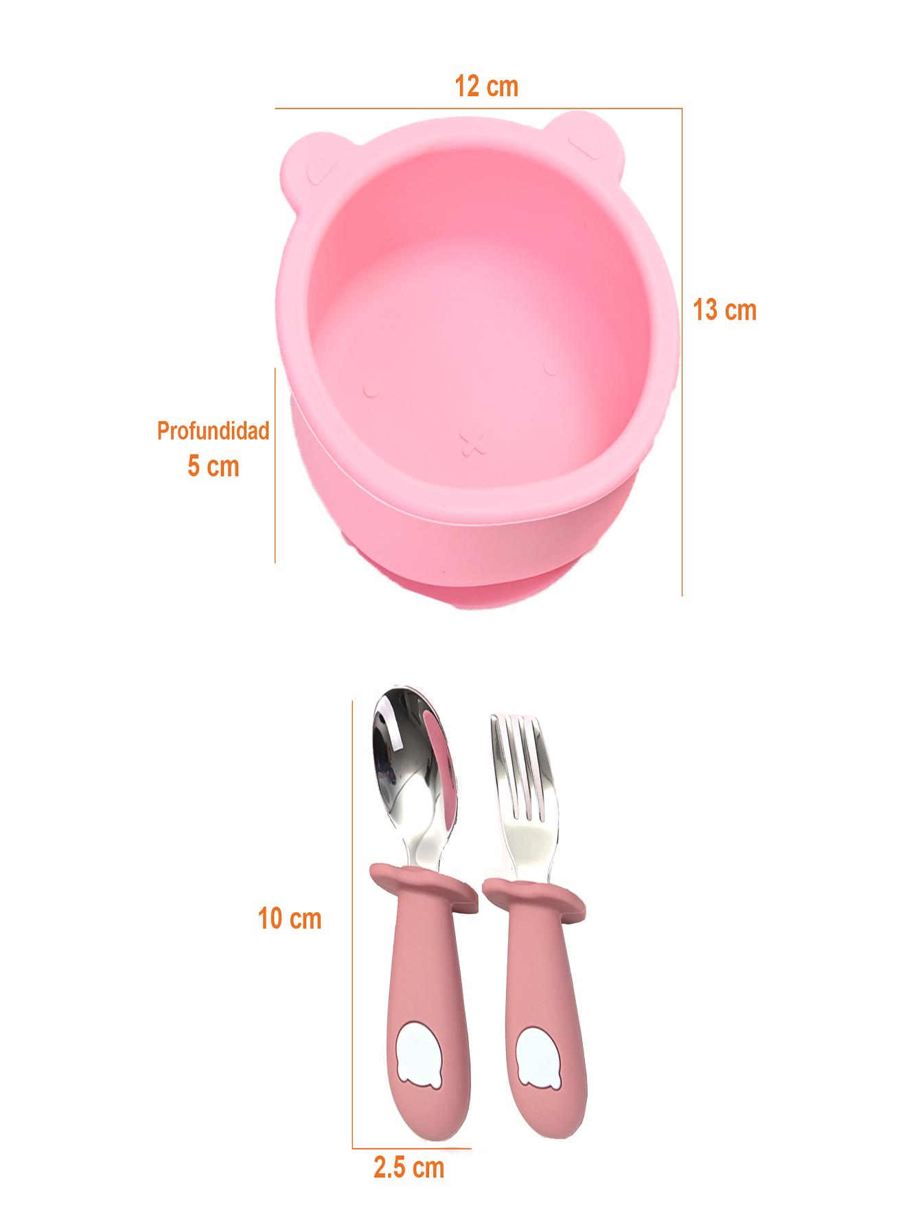 2 Platos para Bebé en Silicona con Cubiertos en Acero Inoxidable, Libre de BPA (Rosa)