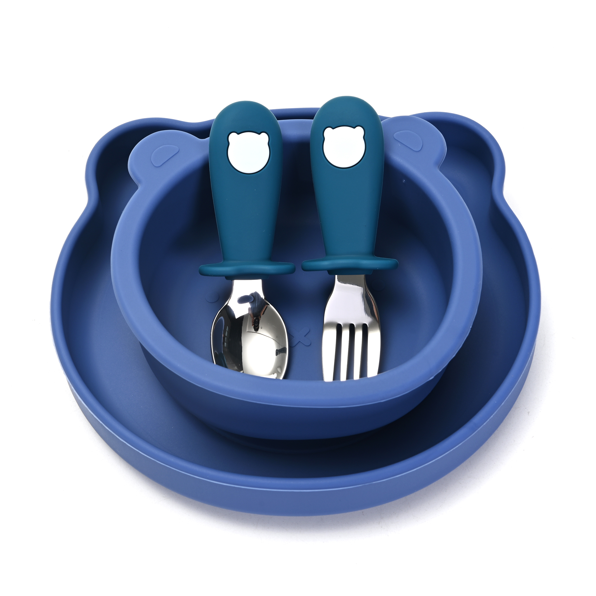 2 Platos para Bebé en Silicona con Cubiertos en Acero Inoxidable, Libre de BPA (Rosa)