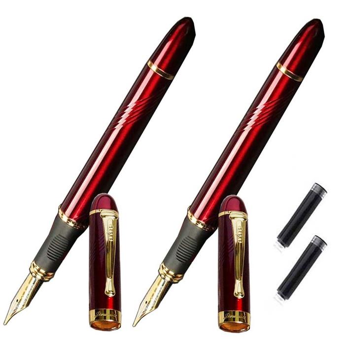 Plumas Tipo Fuente Punta Fina MXRER-002-2 2pzas 0,5mm Punta RojoDorado 2 Tintas Negras Acero Inoxidable Para Cartucho SmallCartri 3,4mm, ArrowRed