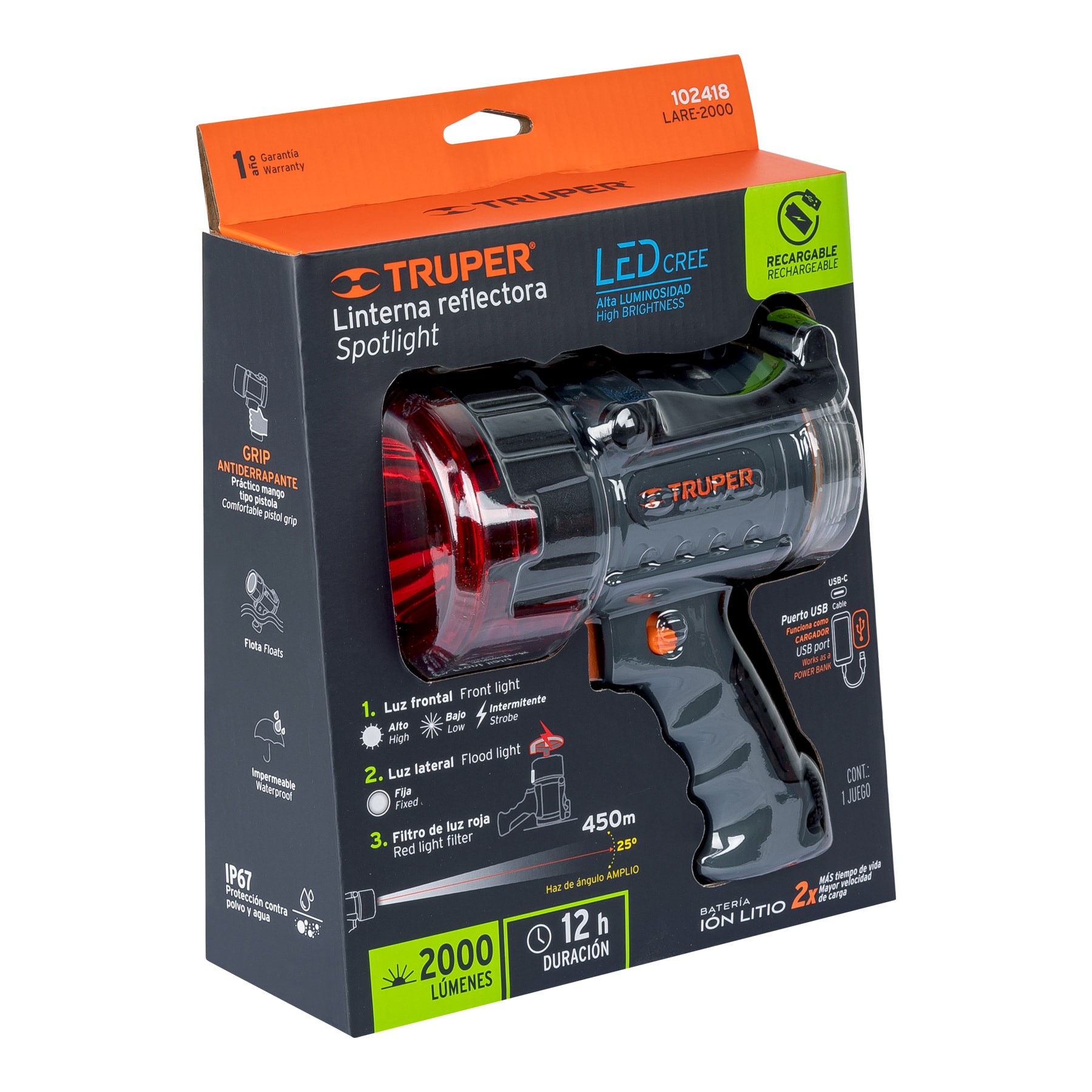 LÁMPARA DE LED 2000 LM RECARGABLE ALTA POTENCIA, TRUPER 102418