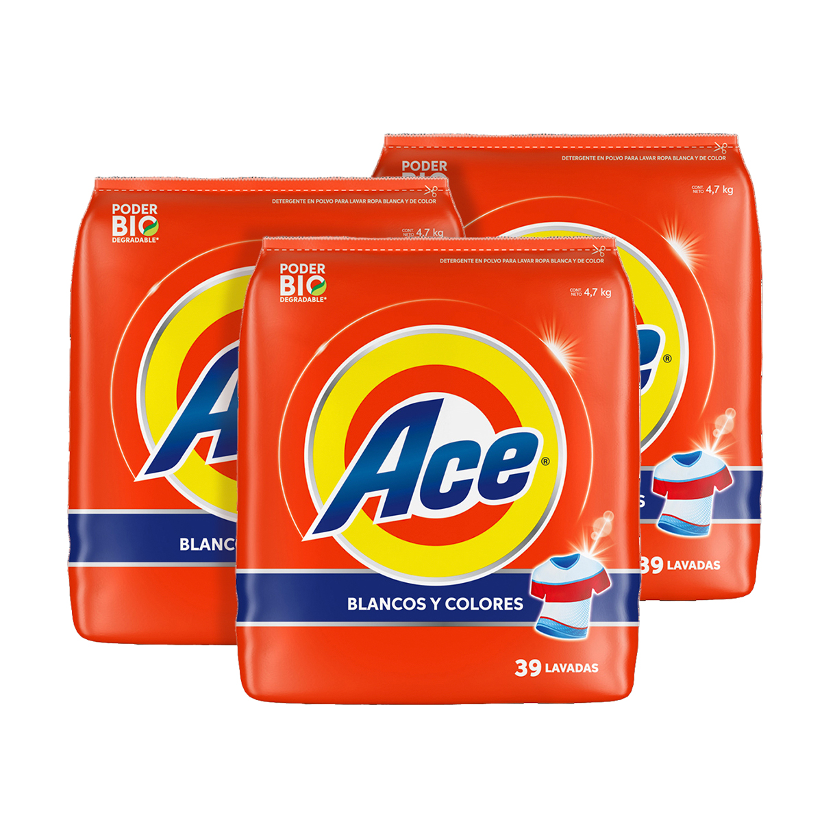 Pack de 3 pzs de Ace Detergente en Polvo para Lavar Blancos y Colores 4,7kg