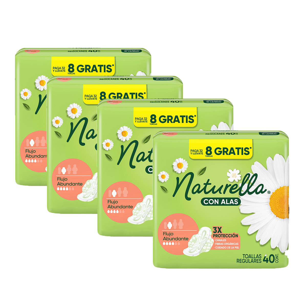 Pack de 4 pzs de Naturella Con Alas Toallas Femeninas, 40 Unidades