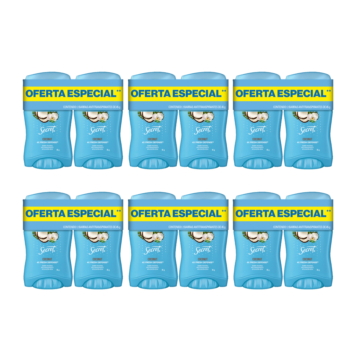 6 Packs de 2 piezas c/u de Secret Coconut Barra Invisible Antitranspirante 45 g.