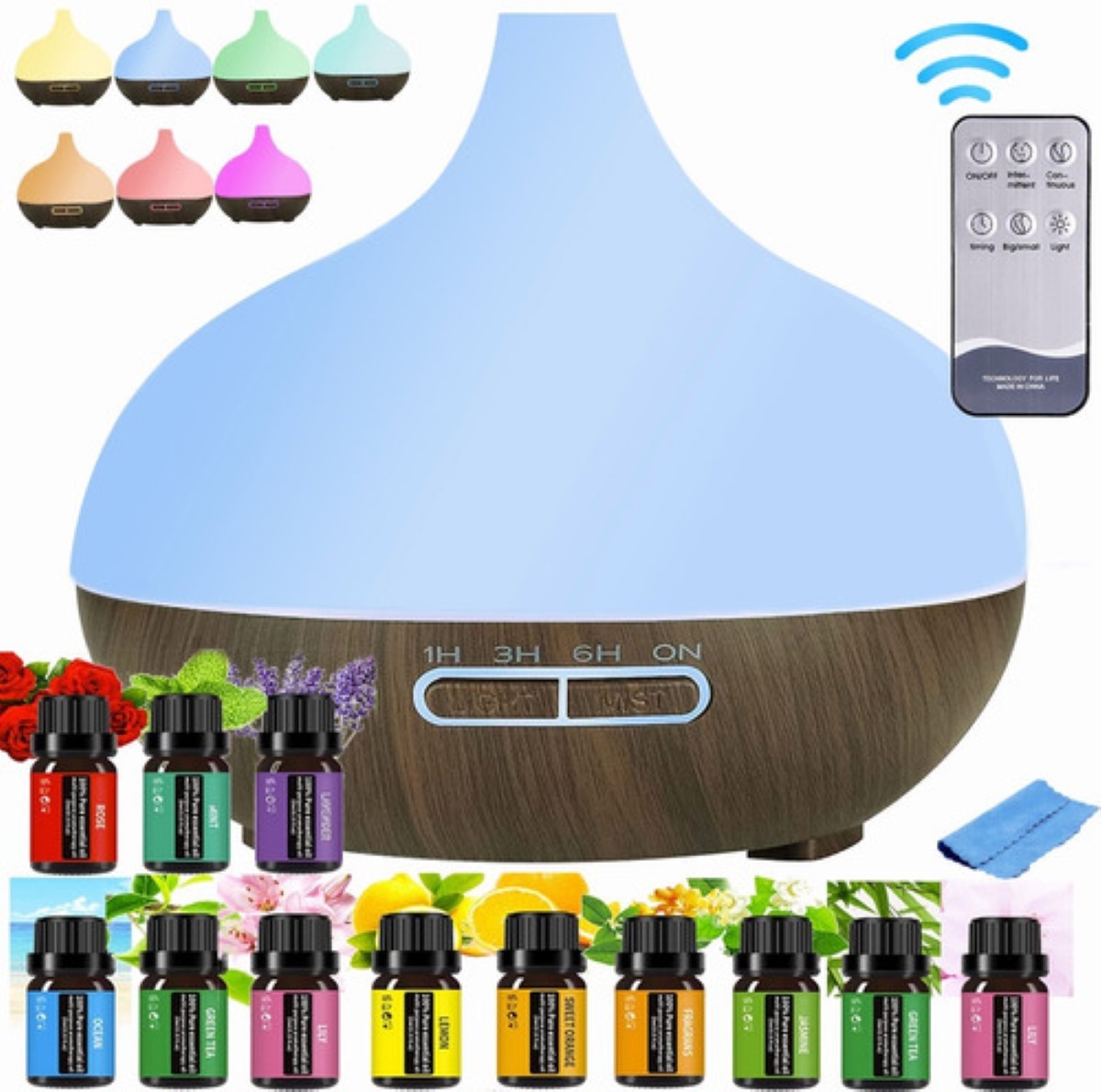 Difusor Humidificador De Aroma 550ml Con 12 Aceite Esencia Madera Oscura