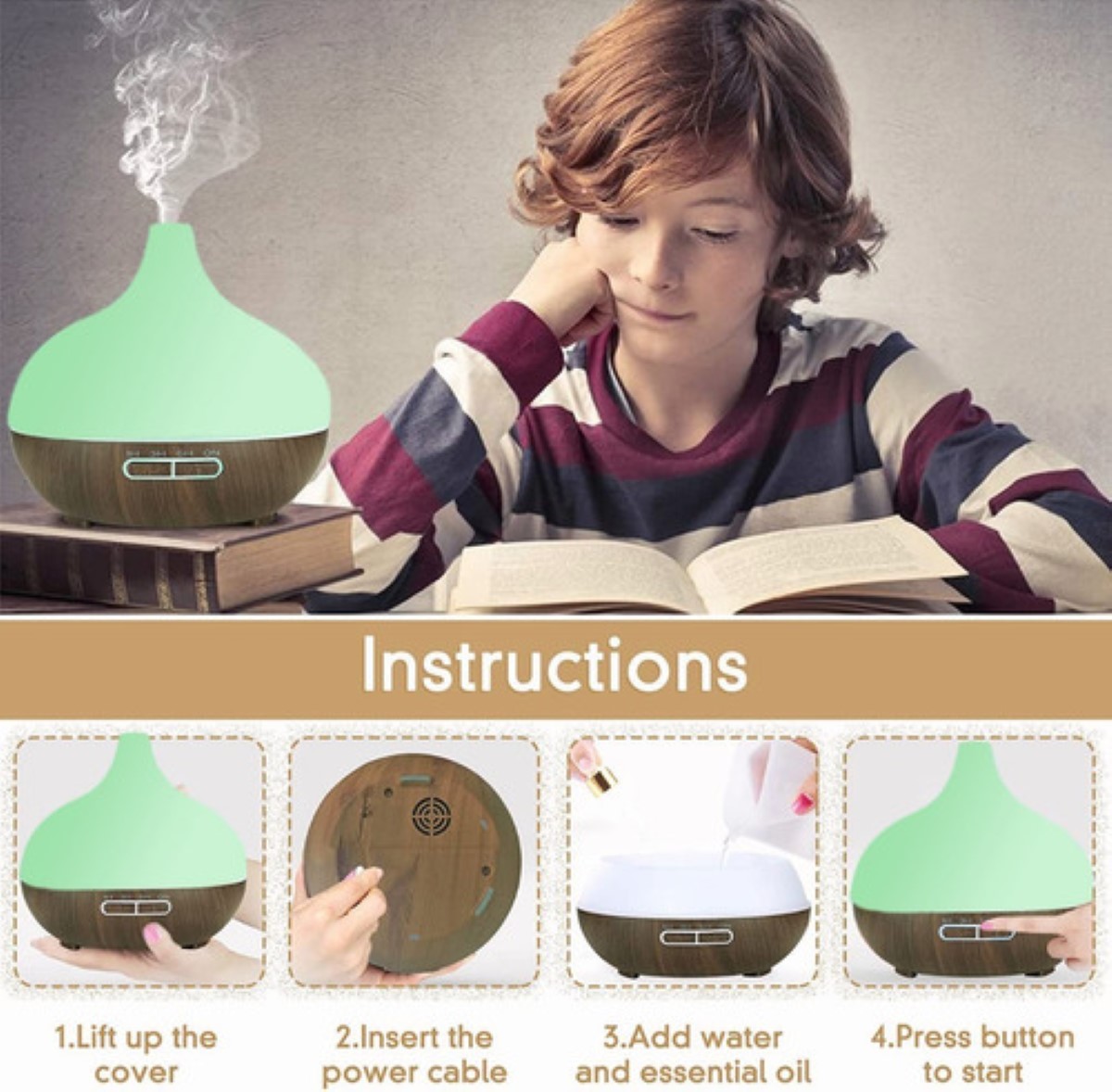 Difusor Humidificador De Aroma 550ml Con 12 Aceite Esencia Madera Oscura