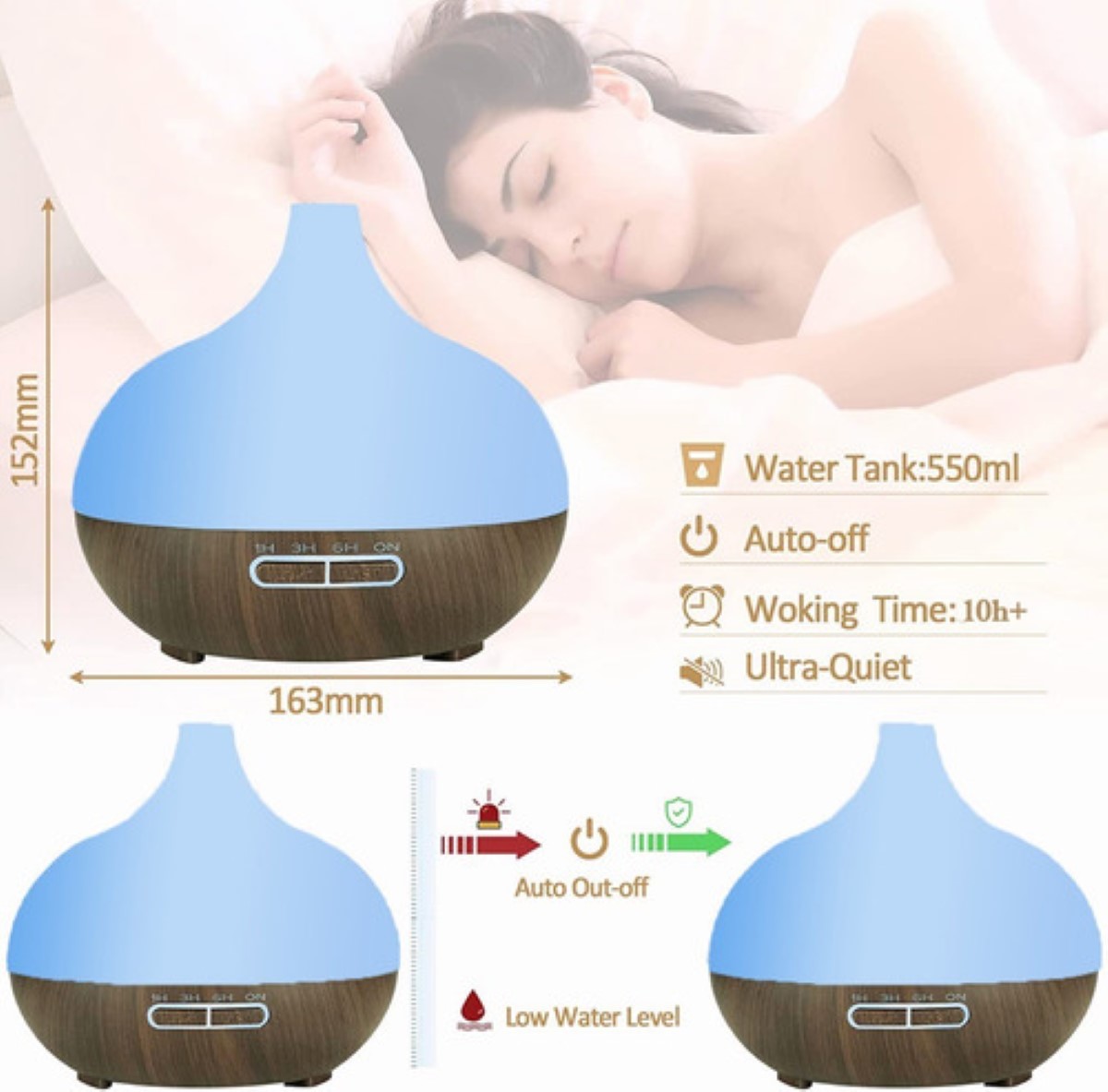 Difusor Humidificador De Aroma 550ml Con 12 Aceite Esencia Madera Oscura