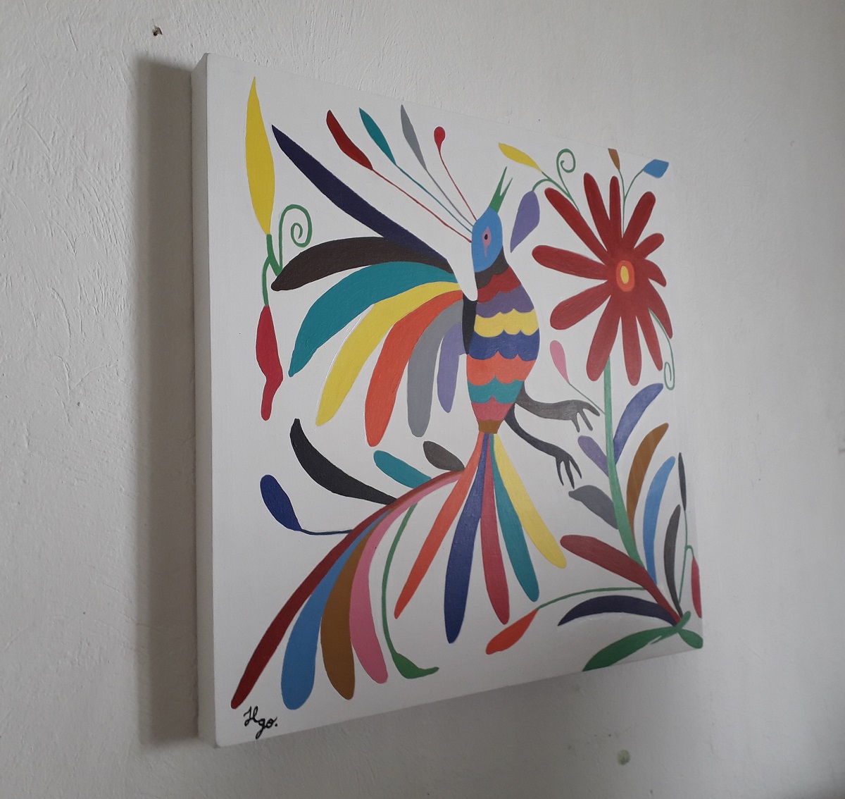 Cuadro decorativo pintado a mano Galería Oneris Pájaro de colores OTOMI 60x60