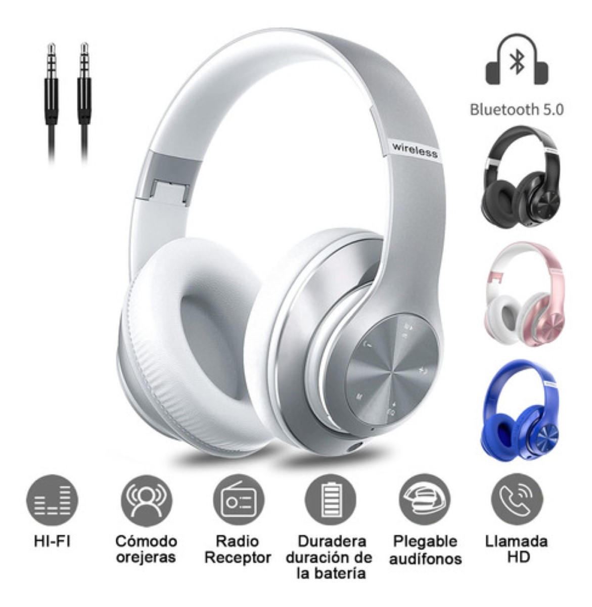 Audífonos De Diadema Inalámbricos Bluetooth Plata