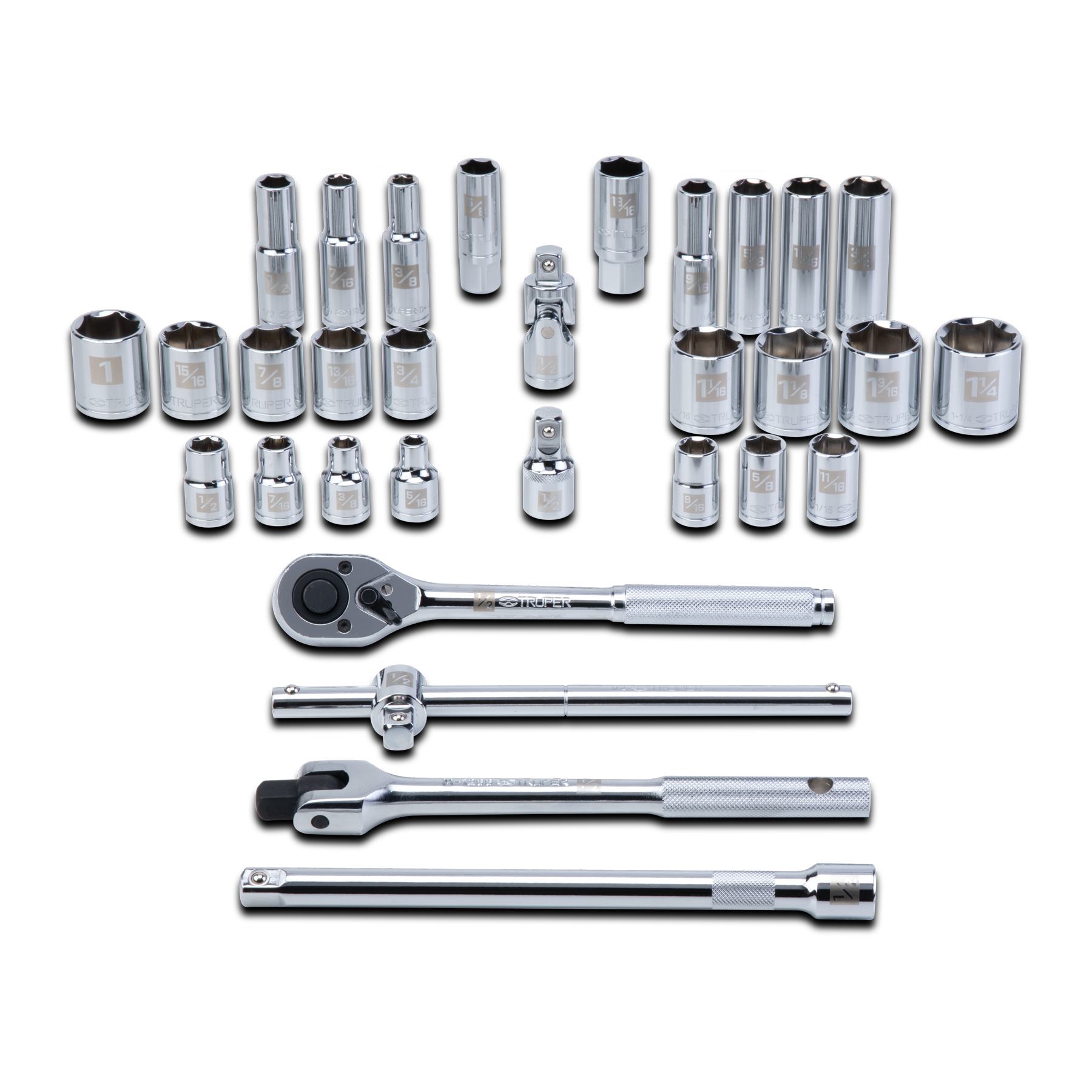 JUEGO DE 31 HERRAMIENTAS CUADRO 1/2" STD PARA MECÁNICO TRUPER 102260