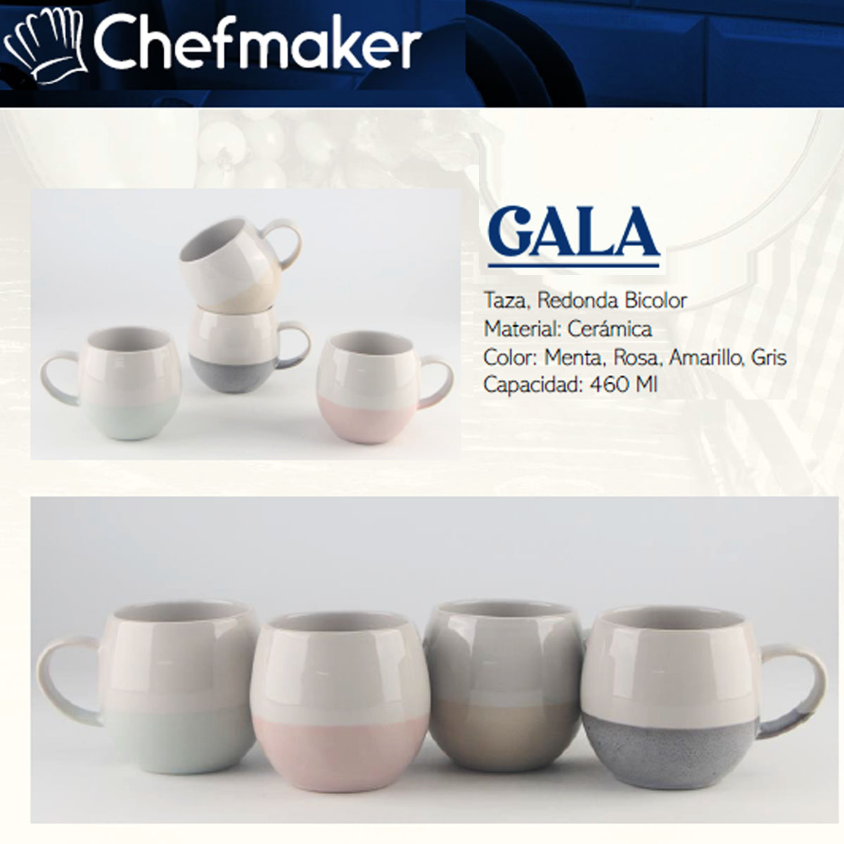Set Juego De 4 Tazas Cerámica Moderna 460ml Chefmaker Gala
