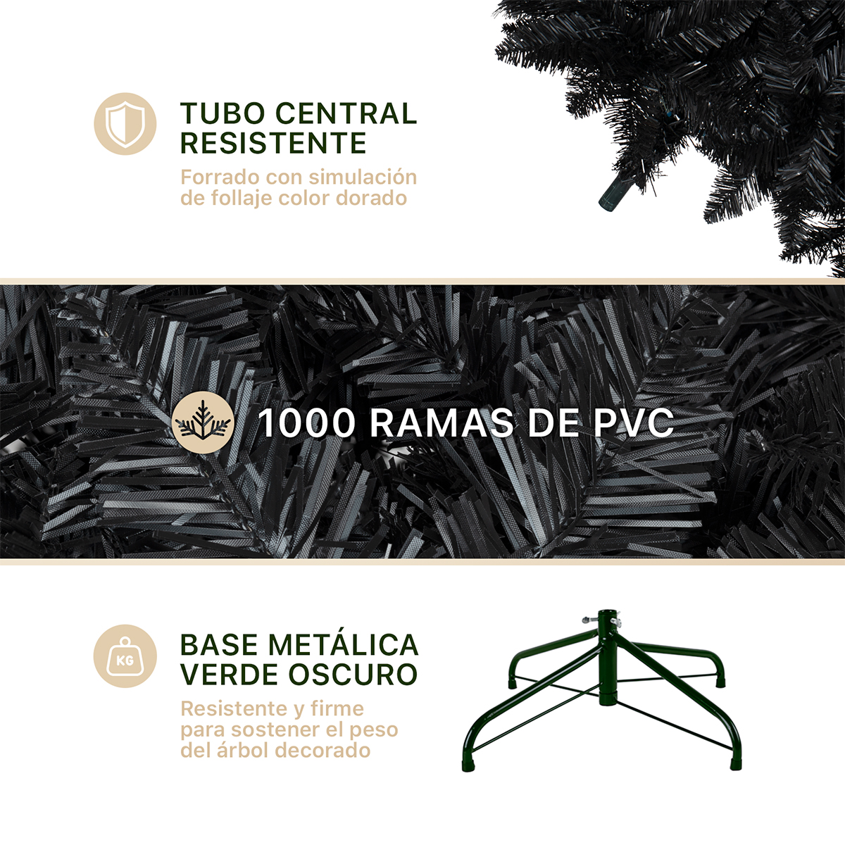 Árbol de Navidad Negro Pino Navideño 1.8m 1000 Ramas - Negro para ESQUIMAL