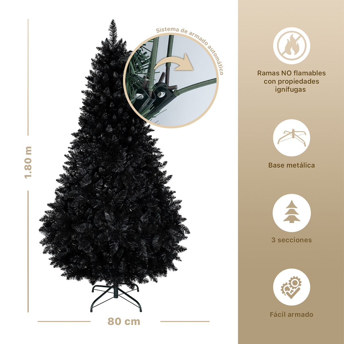 Árbol de Navidad Negro Pino Navideño 1.8m 1000 Ramas - Negro para ESQUIMAL