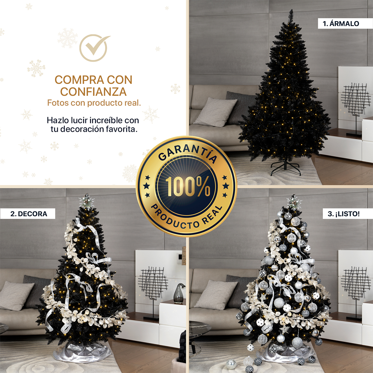 Árbol de Navidad Negro Pino Navideño 1.8m 1000 Ramas - Negro para ESQUIMAL