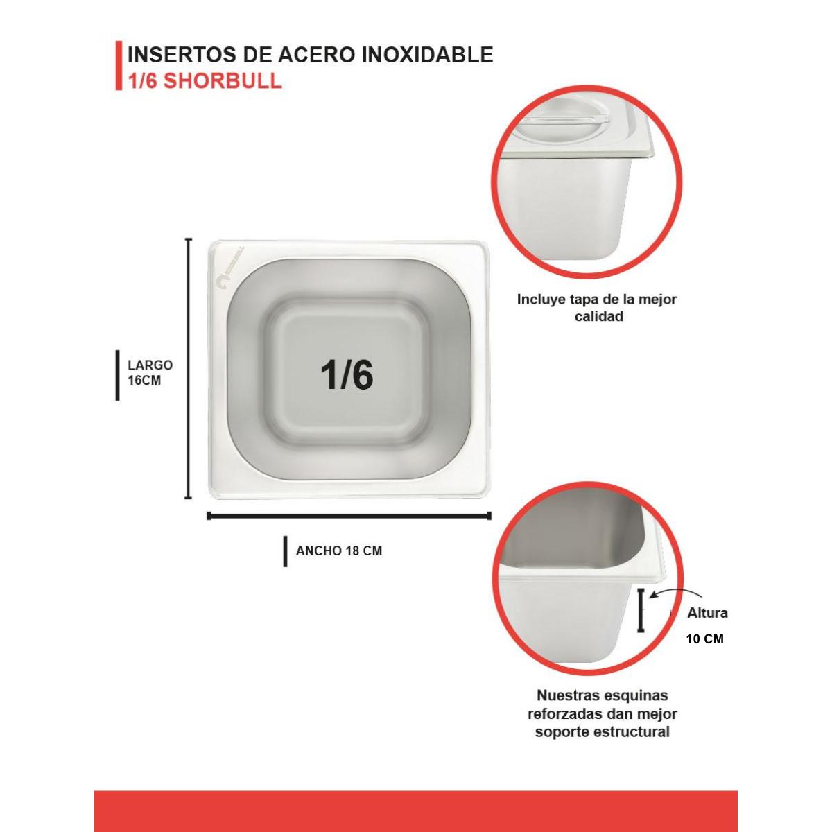 Inserto Acero Inoxidable Con Tapa 1/6 10CM Shorbull.