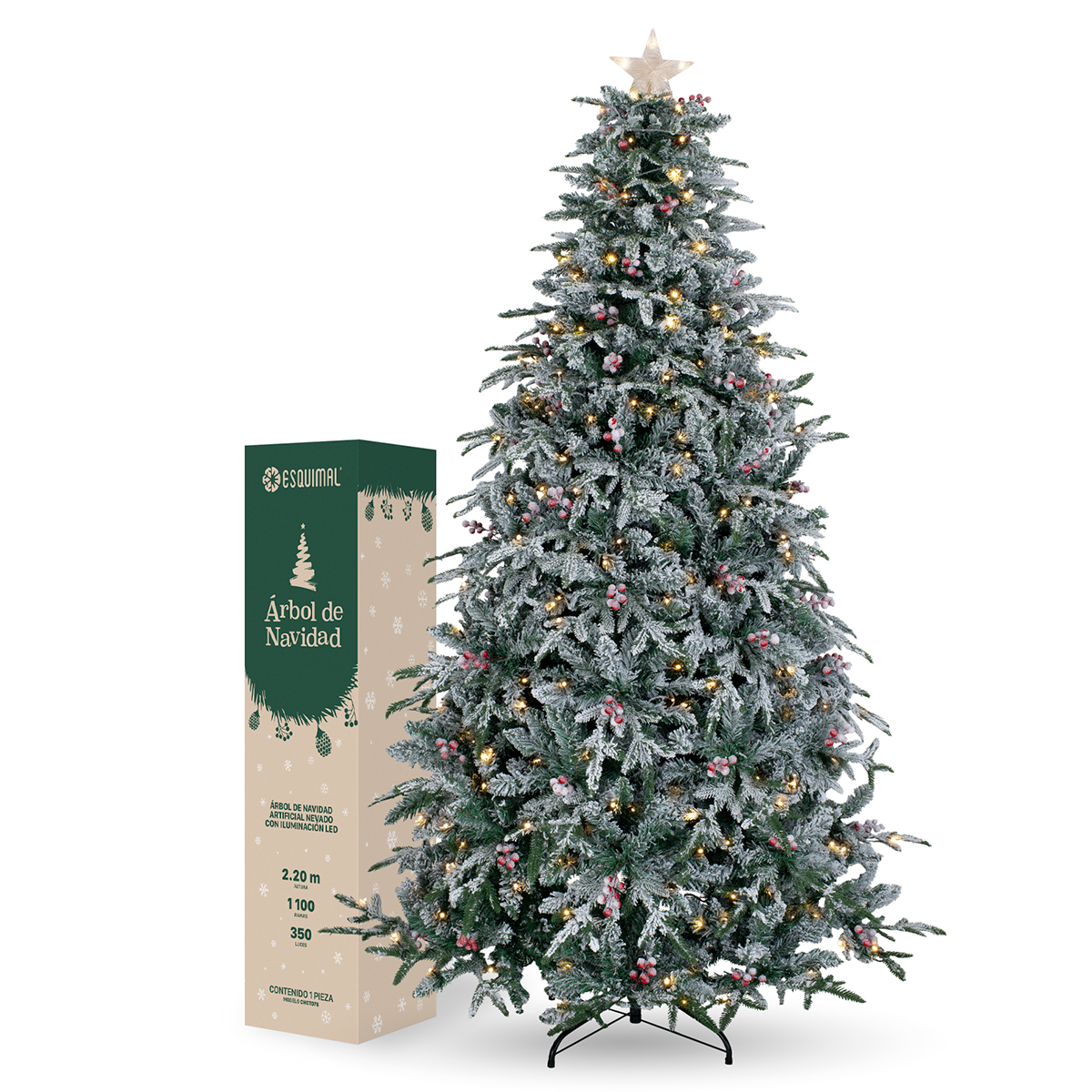 Árbol de Navidad Nevado Luces Led Bayas+ Estrella 2.2m Verde para ESQUIMAL