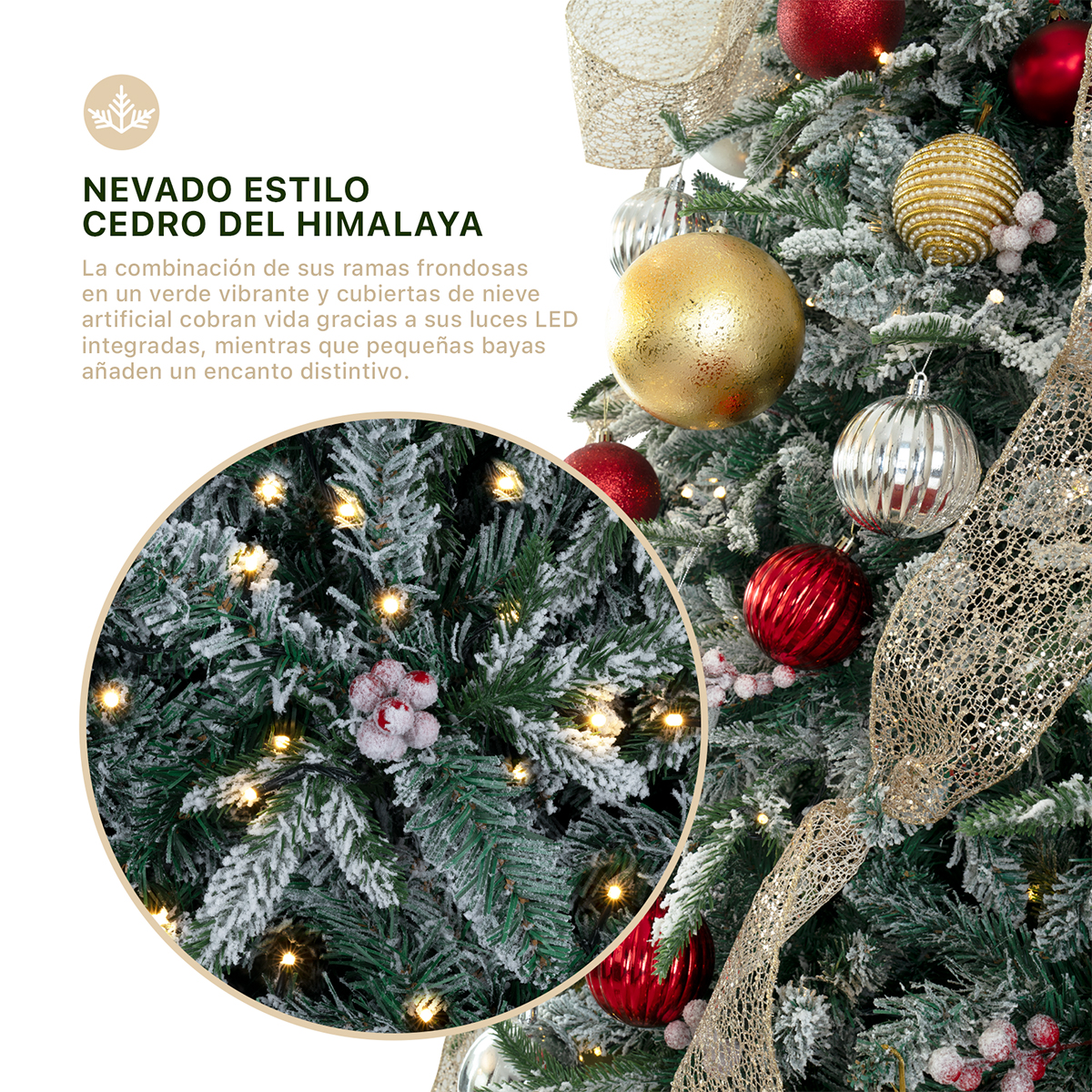 Árbol de Navidad Nevado Luces Led Bayas+ Estrella 2.2m Verde para ESQUIMAL