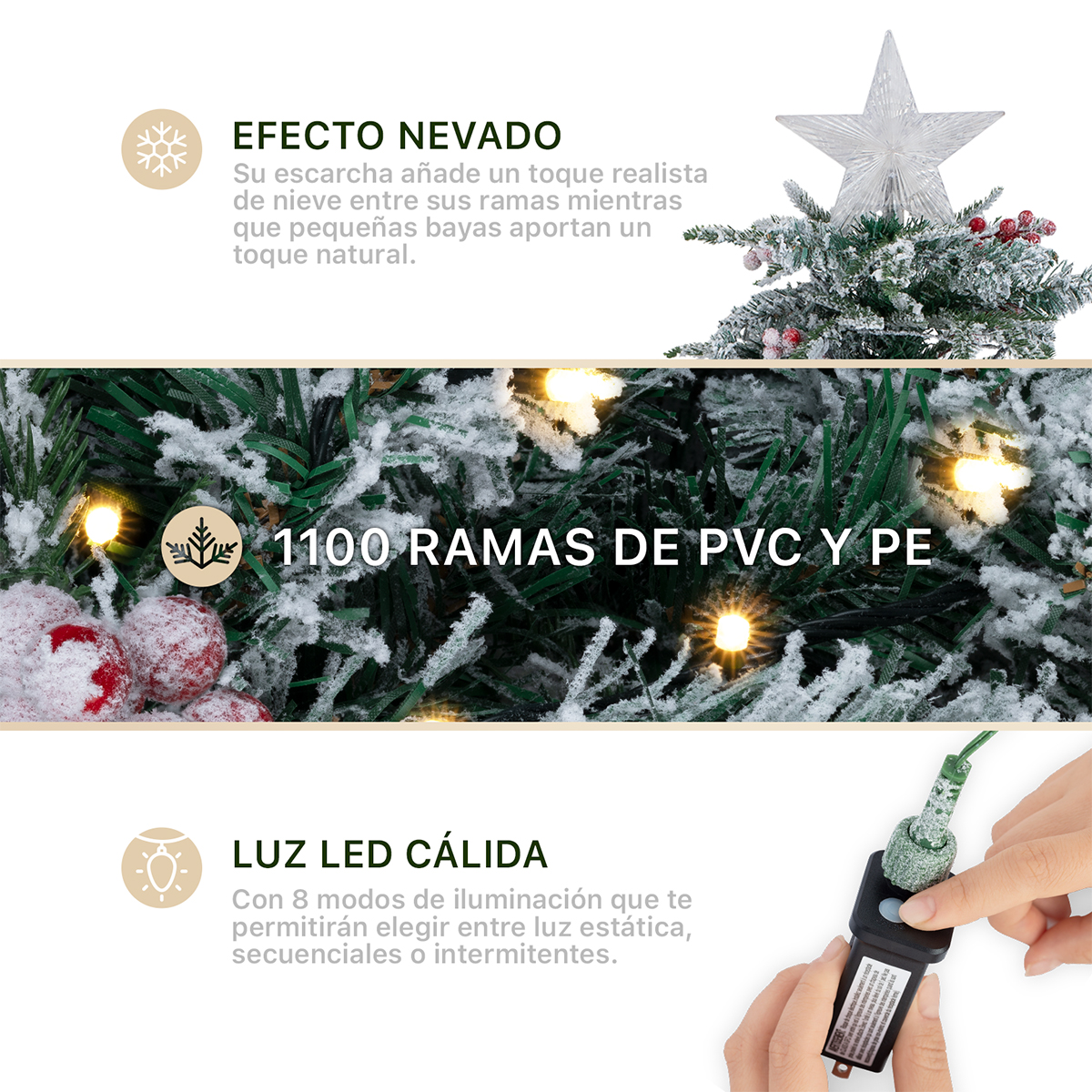 Árbol de Navidad Nevado Luces Led Bayas+ Estrella 2.2m Verde para ESQUIMAL