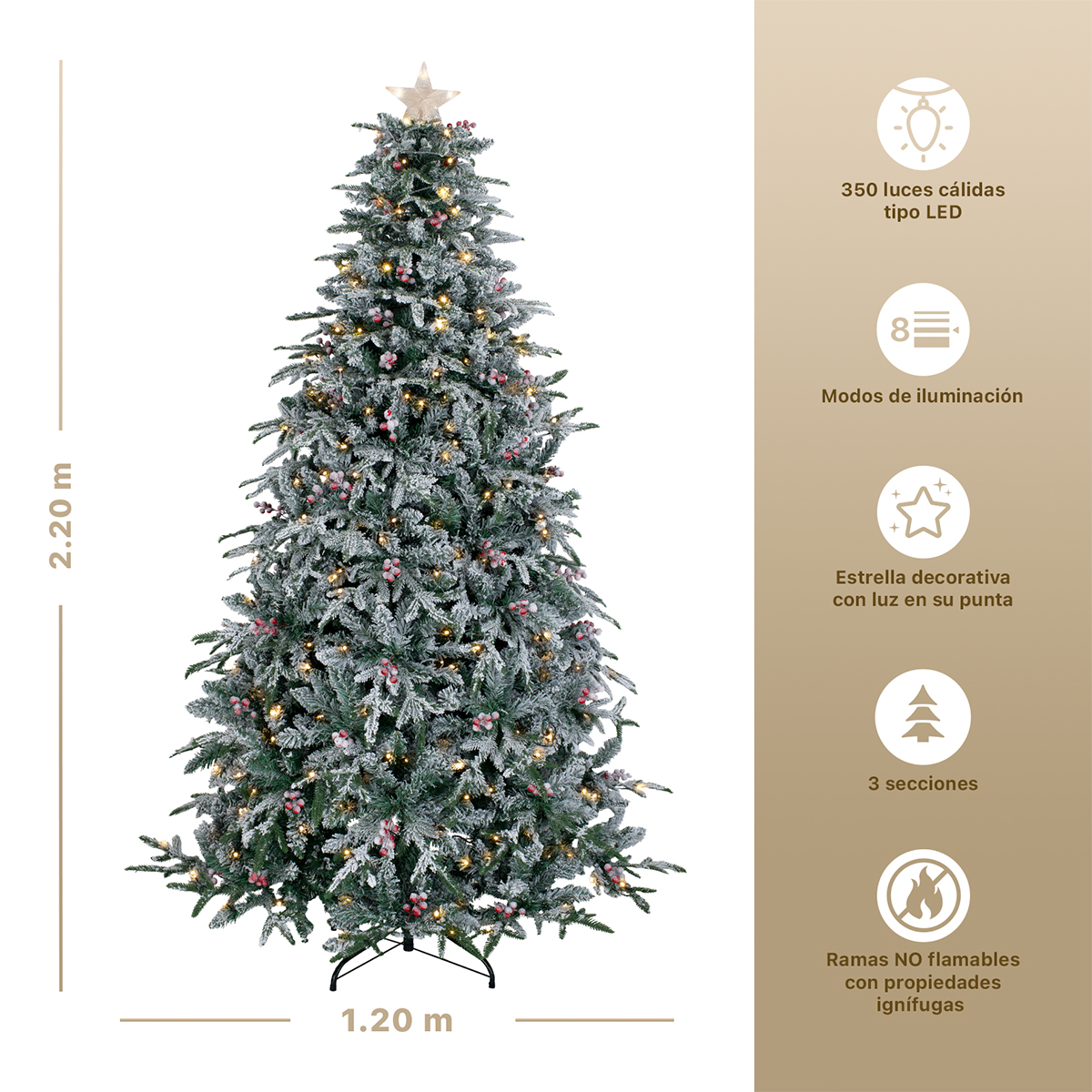 Árbol de Navidad Nevado Luces Led Bayas+ Estrella 2.2m Verde para ESQUIMAL