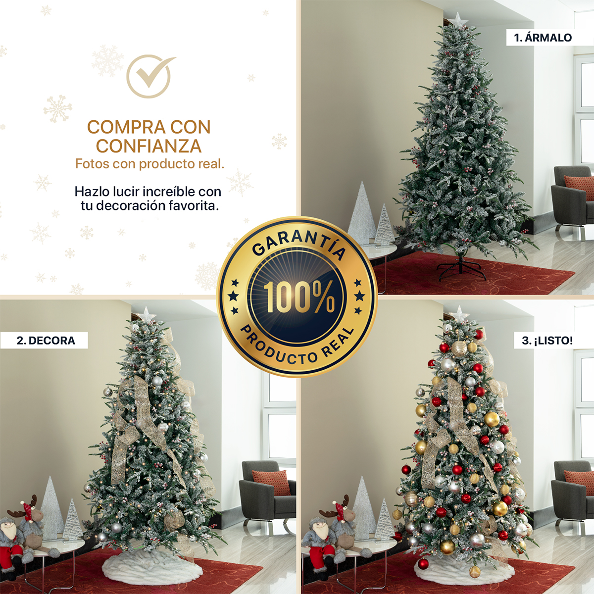 Árbol de Navidad Nevado Luces Led Bayas+ Estrella 2.2m Verde para ESQUIMAL