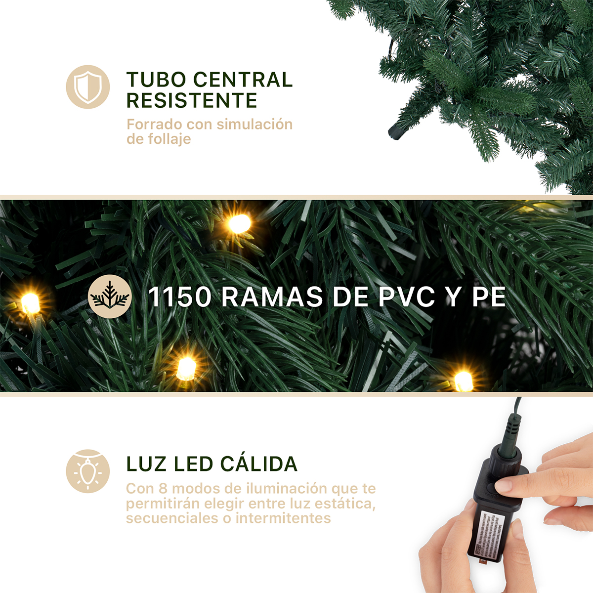 Árbol de Navidad Luces Led Pino 2.2m 1150 Ramas - Verde oscuro para ESQUIMAL