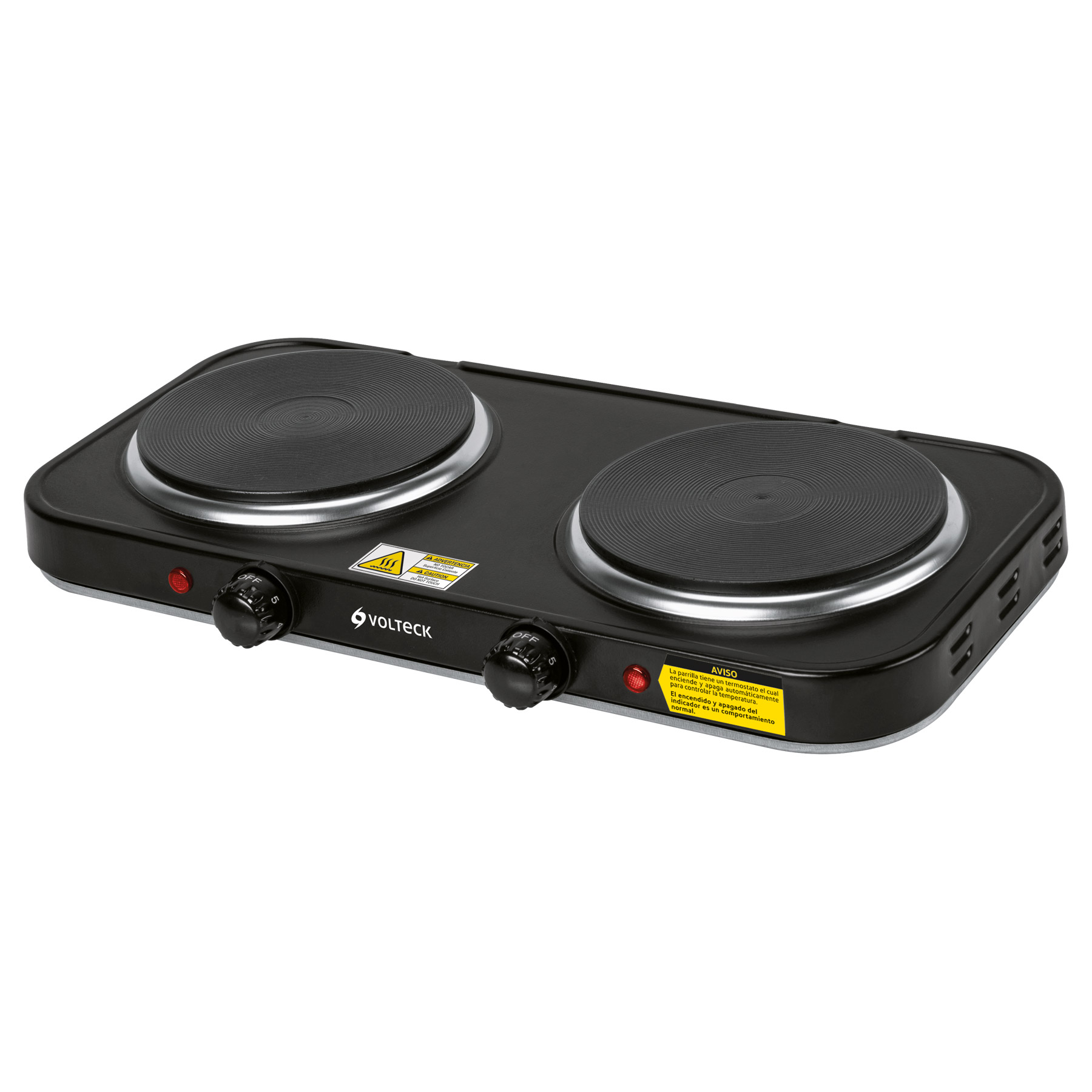 PARRILLA ELÉCTRICA DOBLE QUEMADOR TIPO DISCO, NEGRA, VOLTECK 47553