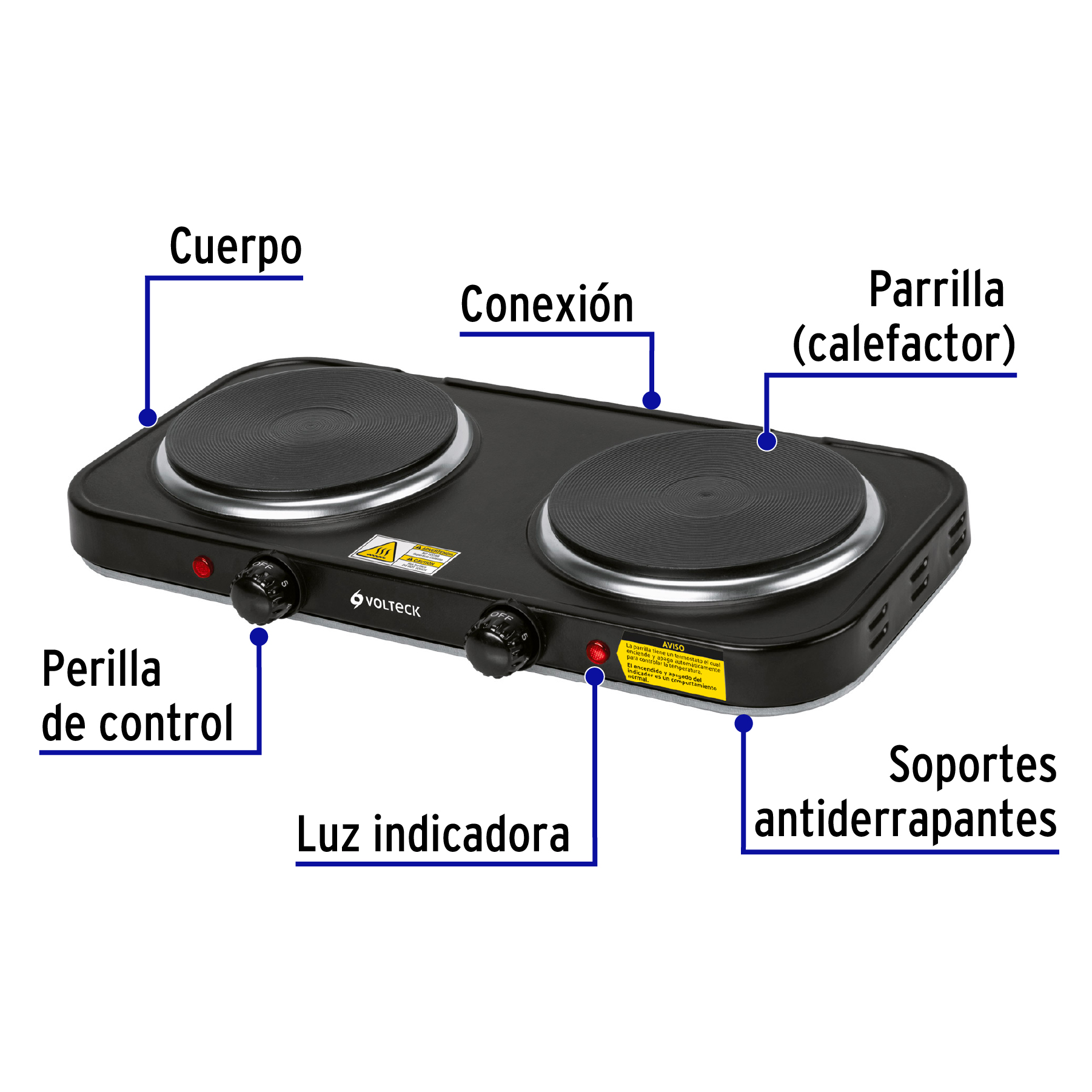PARRILLA ELÉCTRICA DOBLE QUEMADOR TIPO DISCO, NEGRA, VOLTECK 47553
