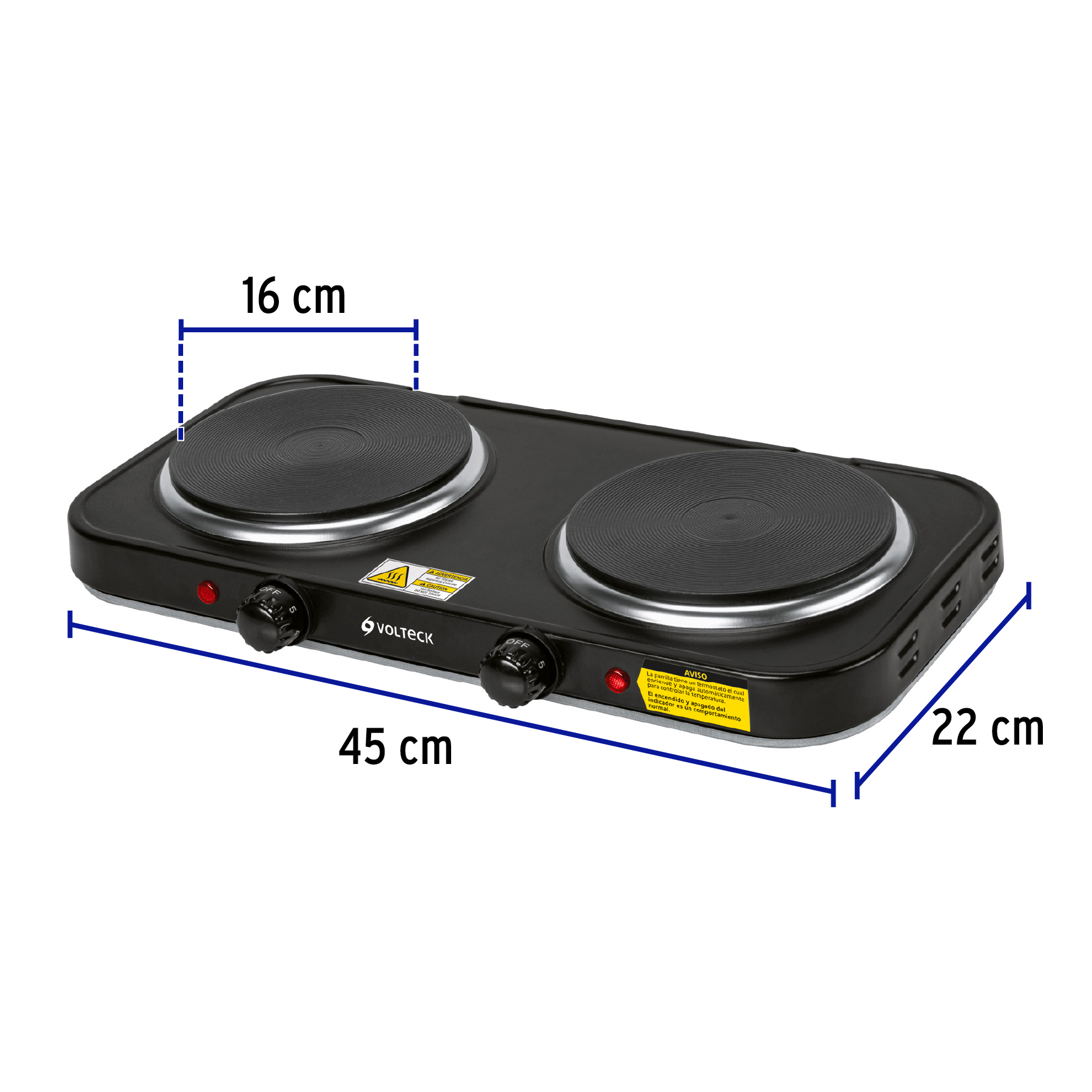 PARRILLA ELÉCTRICA DOBLE QUEMADOR TIPO DISCO, NEGRA, VOLTECK 47553