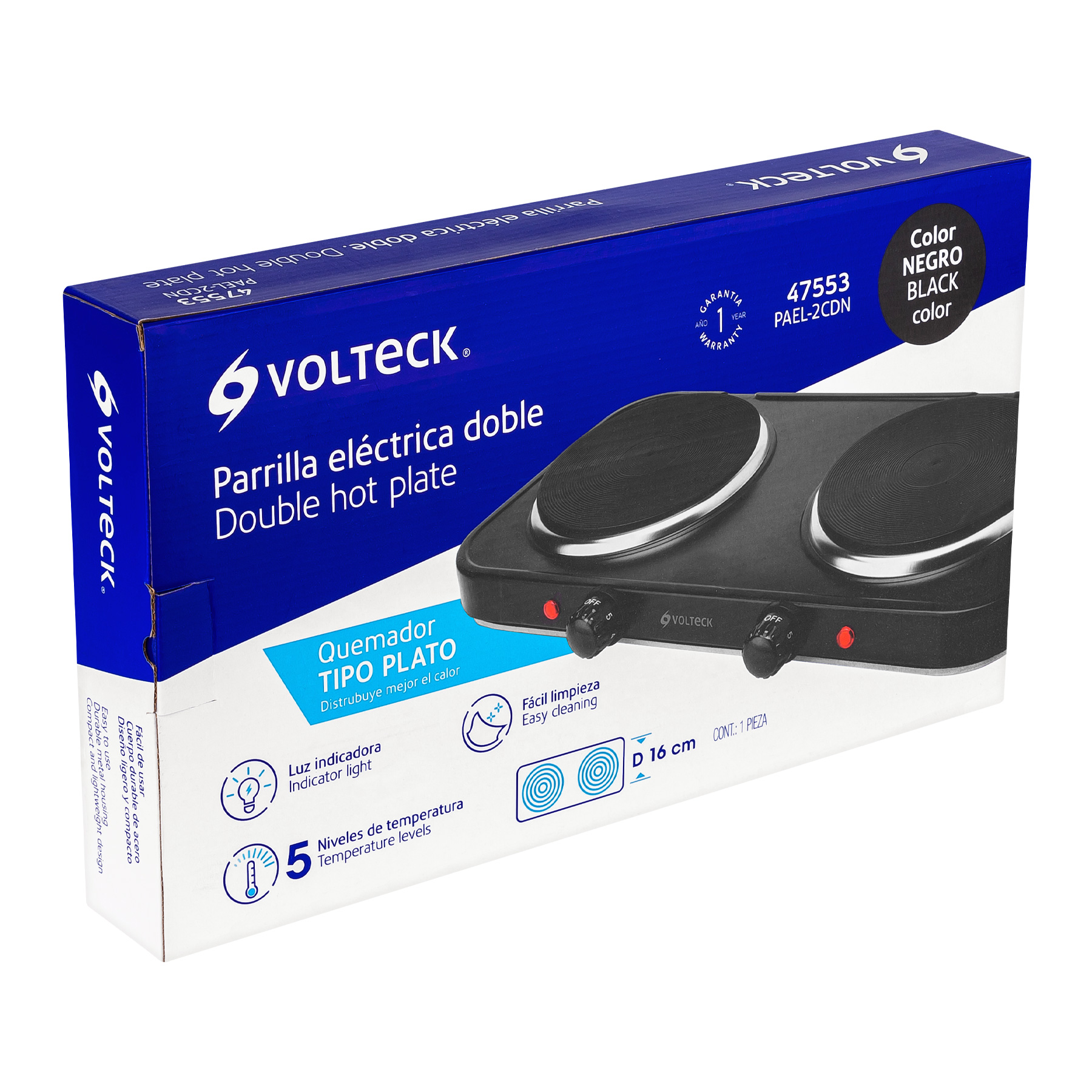 PARRILLA ELÉCTRICA DOBLE QUEMADOR TIPO DISCO, NEGRA, VOLTECK 47553