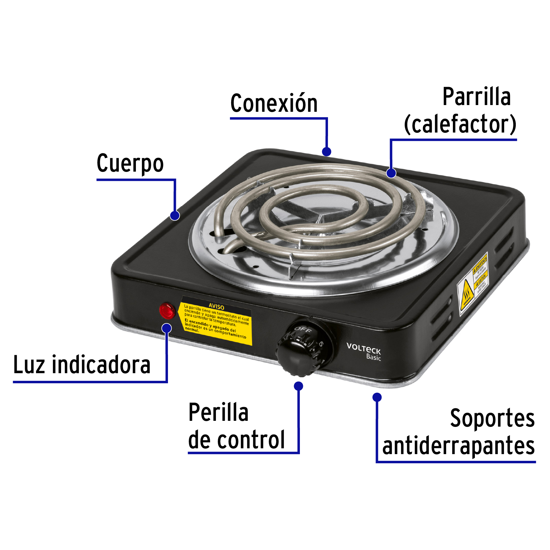 PARRILLA ELÉCTRICA 1 QUEMADOR EN ESPIRAL, NEGRA, VOLTECK BASIC 26093