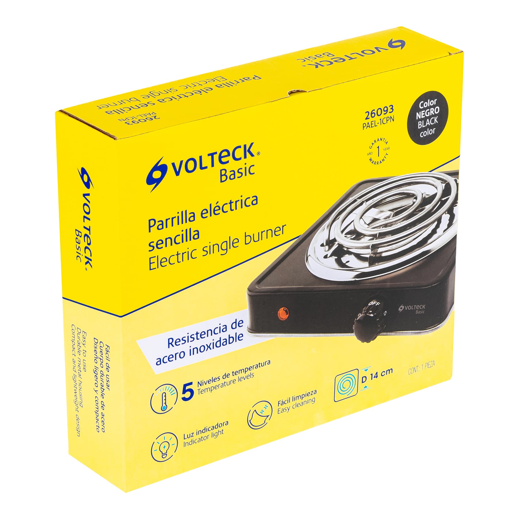 PARRILLA ELÉCTRICA 1 QUEMADOR EN ESPIRAL, NEGRA, VOLTECK BASIC 26093