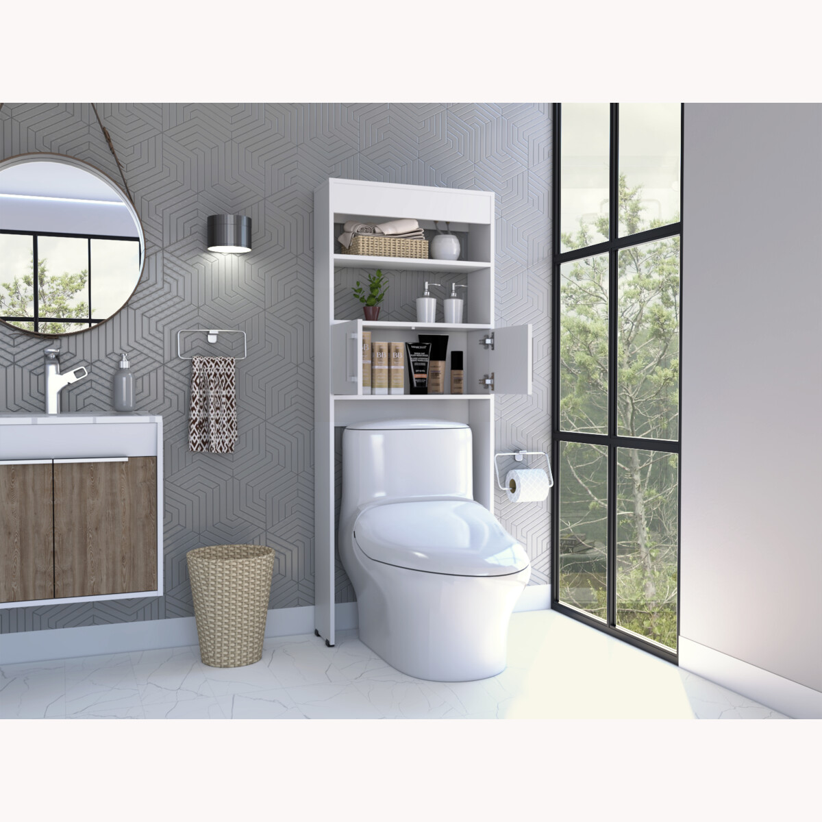 Mueble Ahorrador de espacio para baño con entrepaños Madrid color blanco