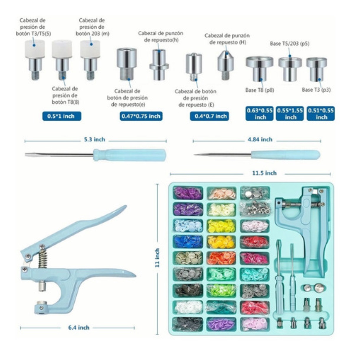 Kit de Pinza Kam Botón Presión Broche T5 27 Multicolor con Estuche Verde 