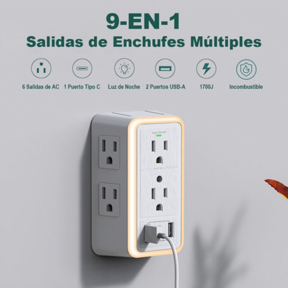 Ladron Enchufes USB, Enchufes Multiples USB con 4 Enchufes 2 Puertos USB,  Luz Nocturna con Brillo