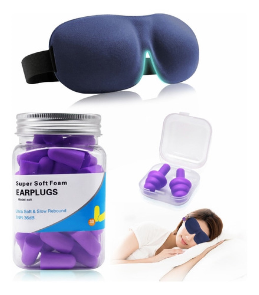 Kit de Tapones Oído De Espuma Ultra Suaves Para Dormir Con Antifaz Morado 