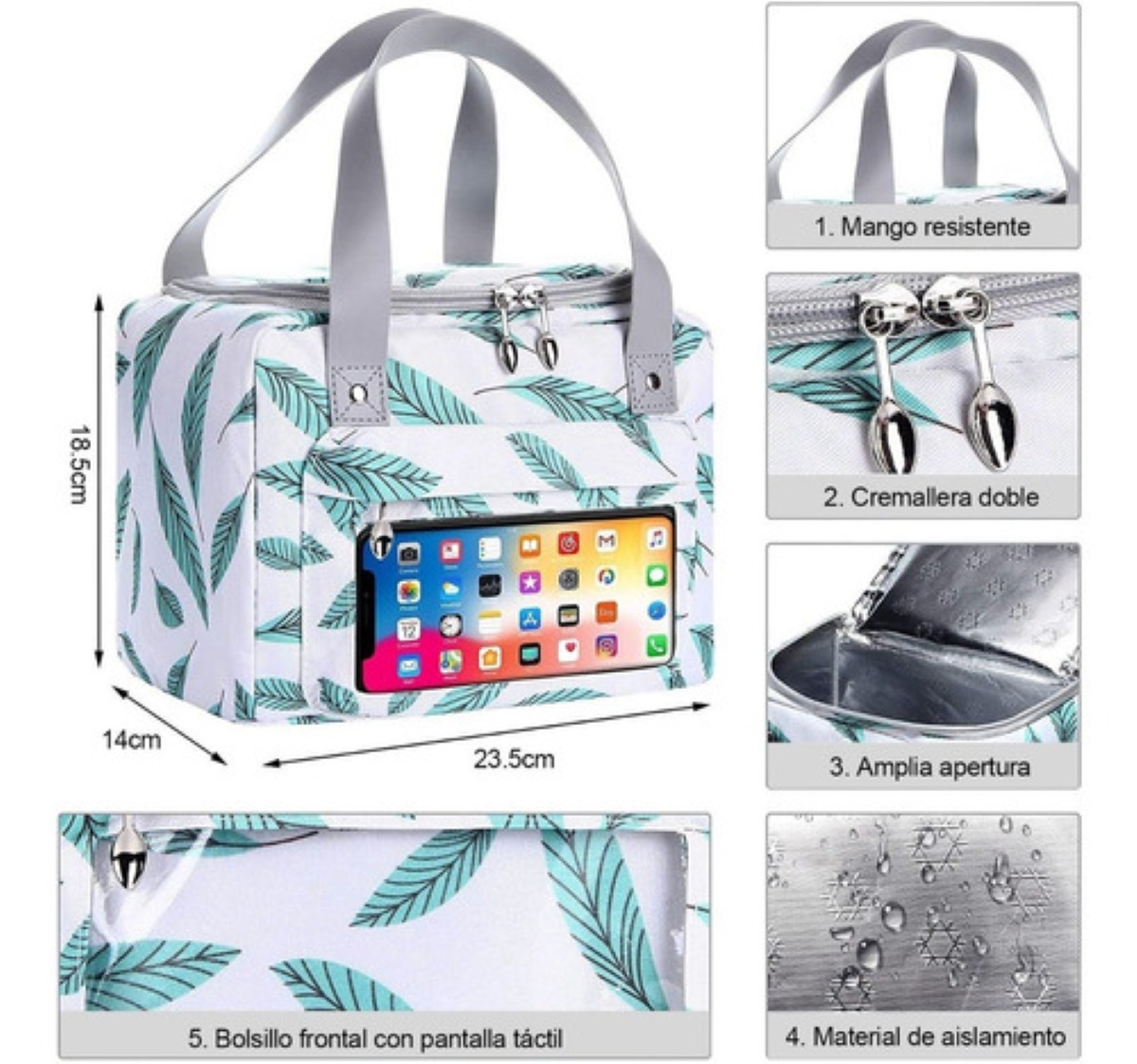 Lonchera Termica Portátil Frío Y Calor Cuadrada Blanca con Hojas 