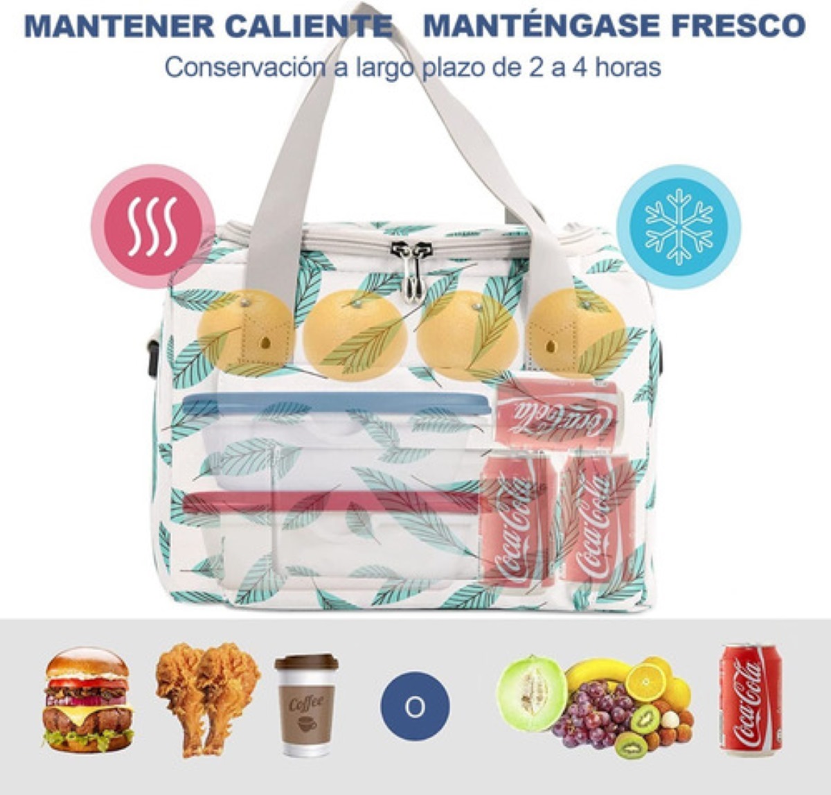 Lonchera Termica Portátil Frío Y Calor Cuadrada Blanca con Hojas 