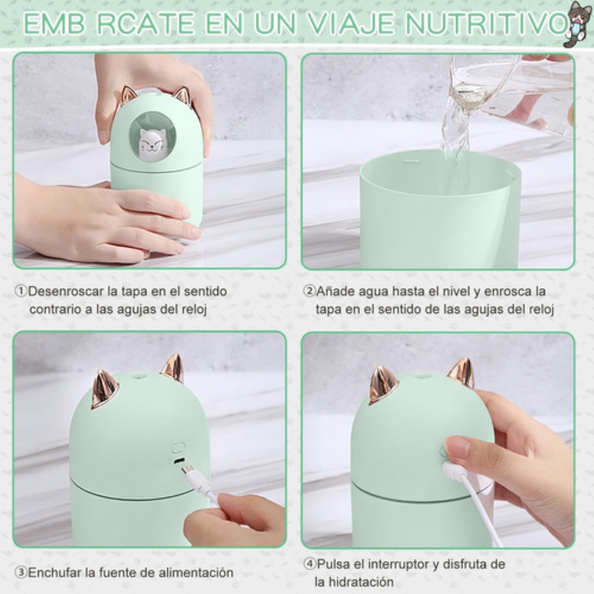 Humidificador Difusor De Aceite De Aromas Diseño de Gatito Verde