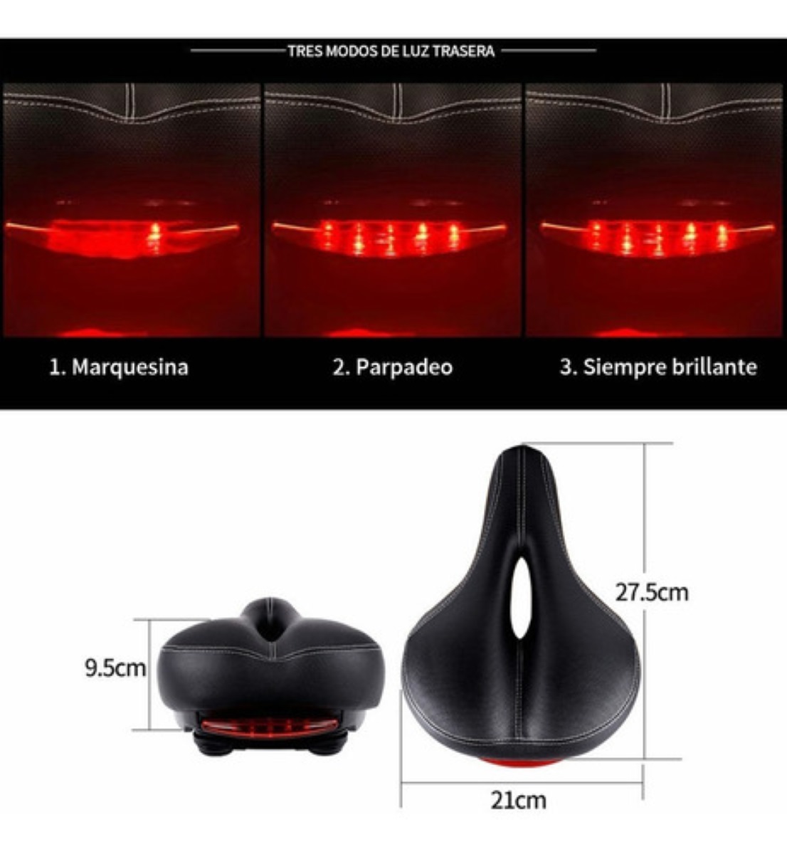 Asiento De Bicicleta Cómodo Con Cojín Suave Y Luz Trasera Roja
