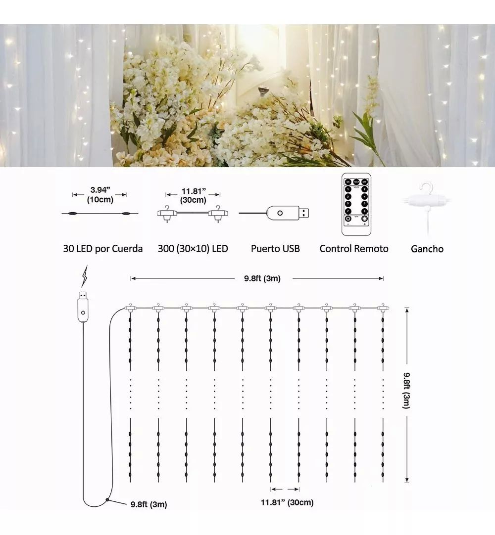 Cortinas series luces 600 led navidad, carga usb con dos paneles 3x3 metros