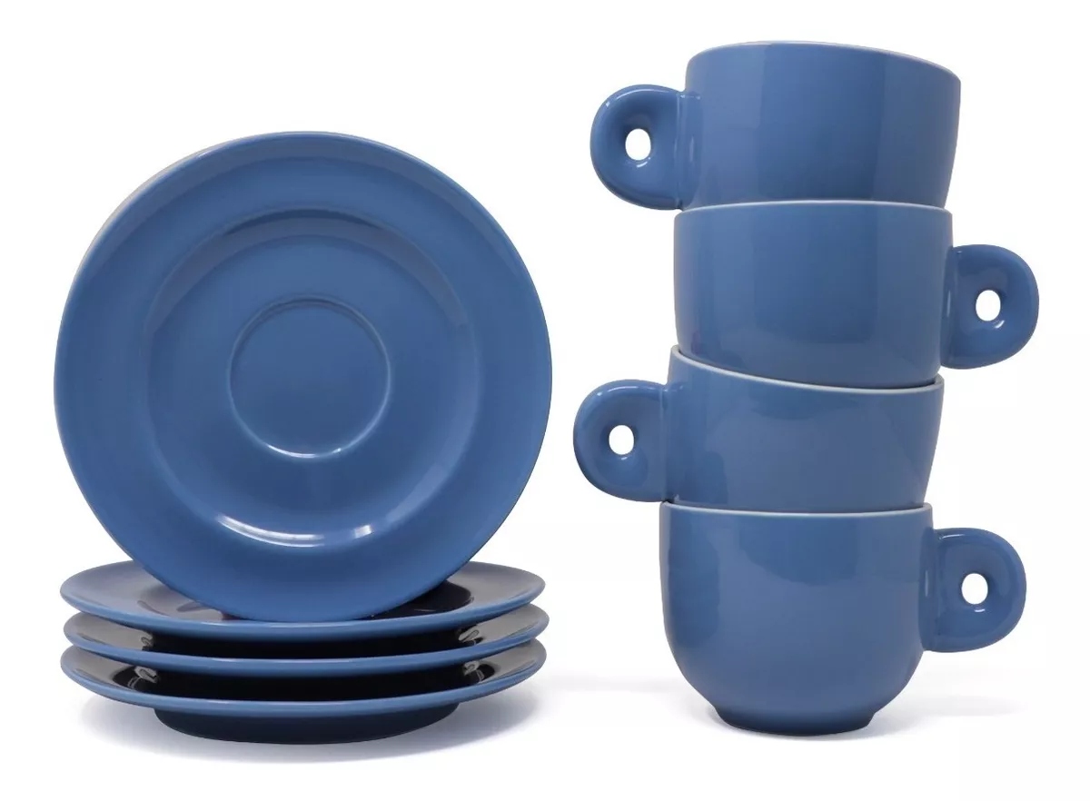 Juego De 4 Tazas De Café Con Plato Azul 270