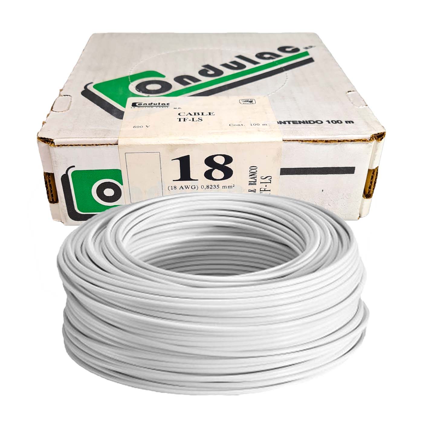 Rollo 100m Cable Eléctrico Calibre 18 100% Cobre Color Blanco Condulac TF-LS