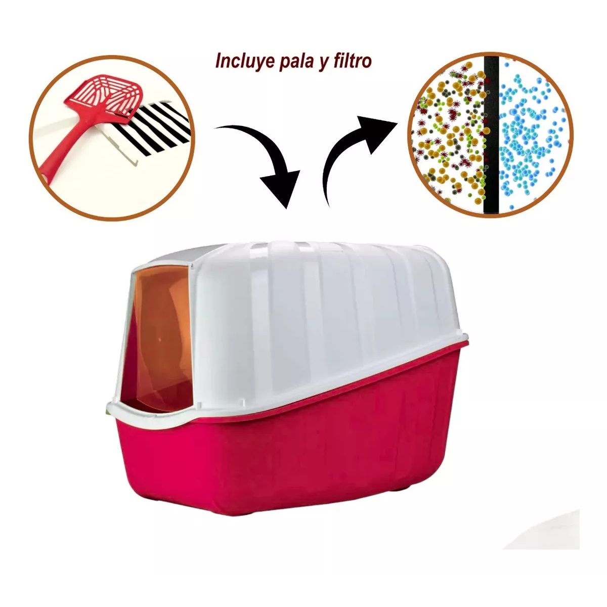 Arenero Para Gatos Cerrado Con Pala Puerta Filtro Sanitario Color Rojo